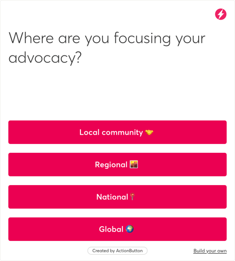 ActionButton survey interface asking “Where are you focusing your advocacy?” with four options: Local community, Regional, National, and Global.
