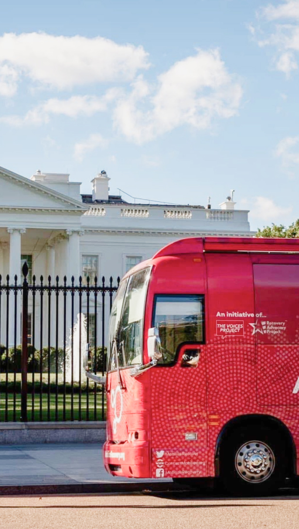 A Mobilize Recovery bus parked outside of the White House in Washington, D.C.